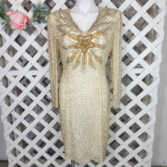 Black Tie Dresses & Skirts - Stunning Vintage Black Tie Cream, Silver and Gold Sequin Open Back Dress Size 8